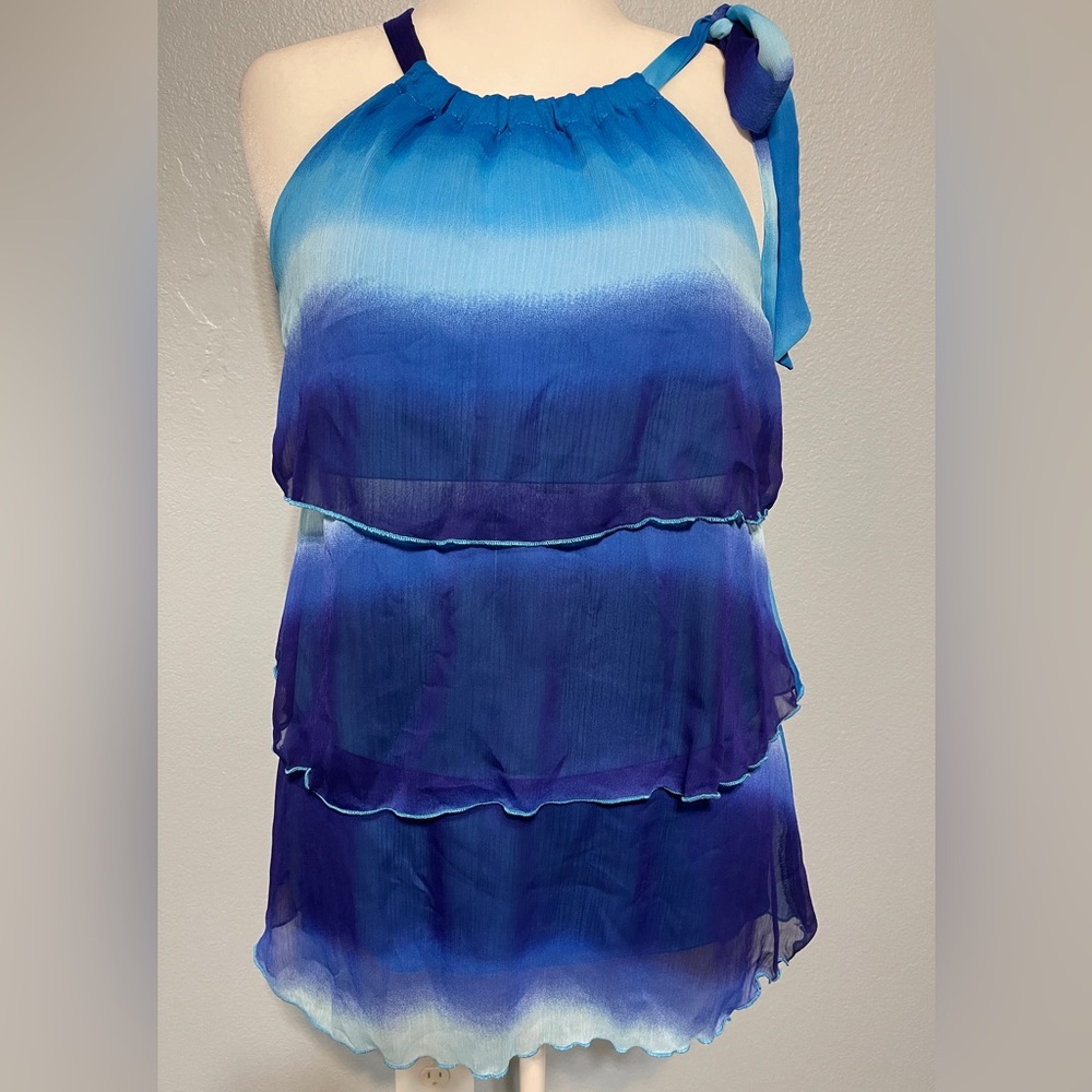 Lane‎ Bryant Blue Ombré Tiered Chiffon Blouse Sleeveless Swing Top Size 16